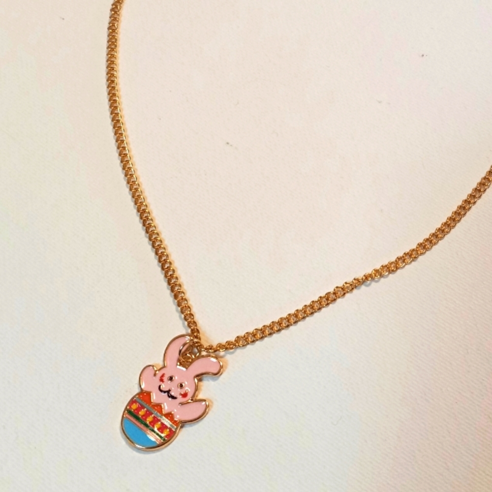 Gold Plated Pink Enamel Hatching Bunny Charm Necklace